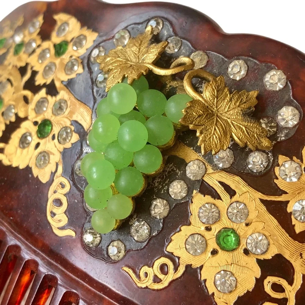 Victorian Celluloid Hair Comb 18K Gold Inlaid Faux Tortoiseshell Pearl Grapes